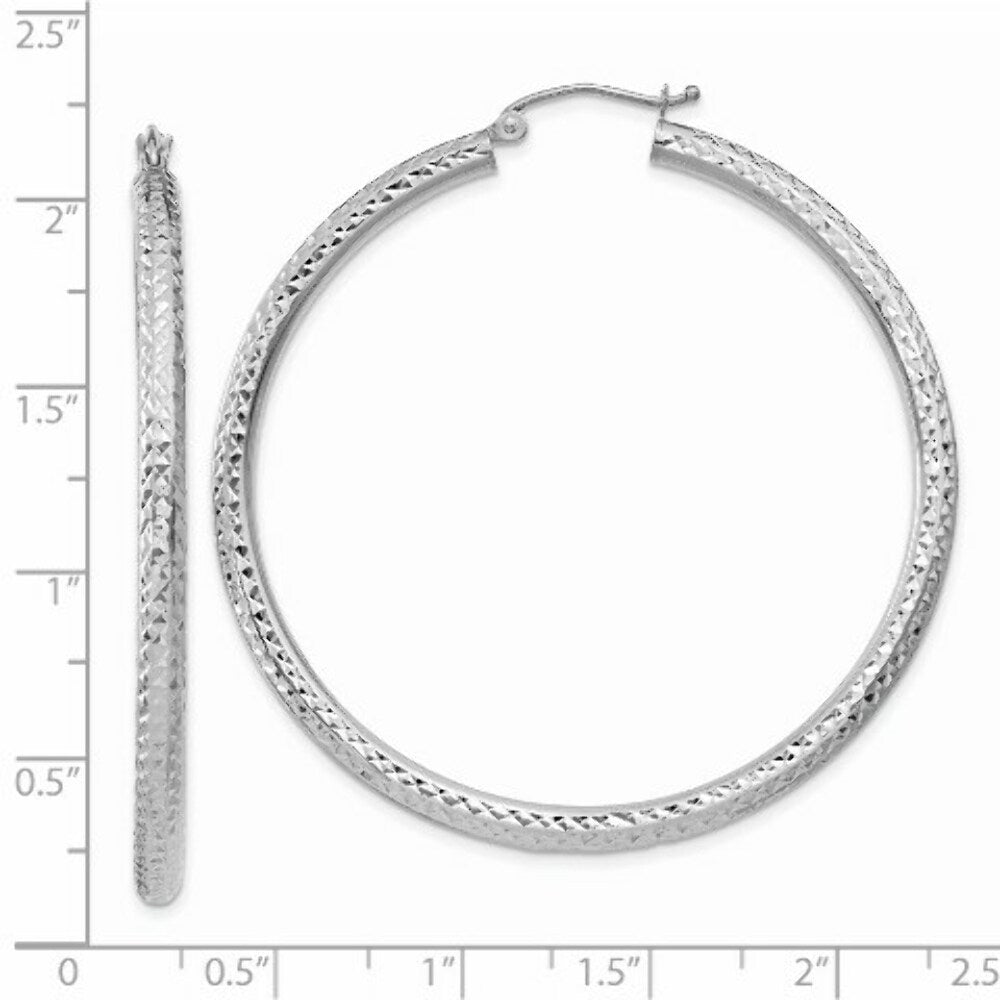 14K White Gold Diamond-cut 3mm Round Hoop Earrings 50mm length