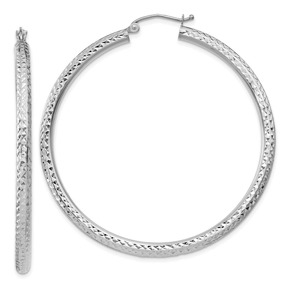 14K White Gold Diamond-cut 3mm Round Hoop Earrings 50mm length