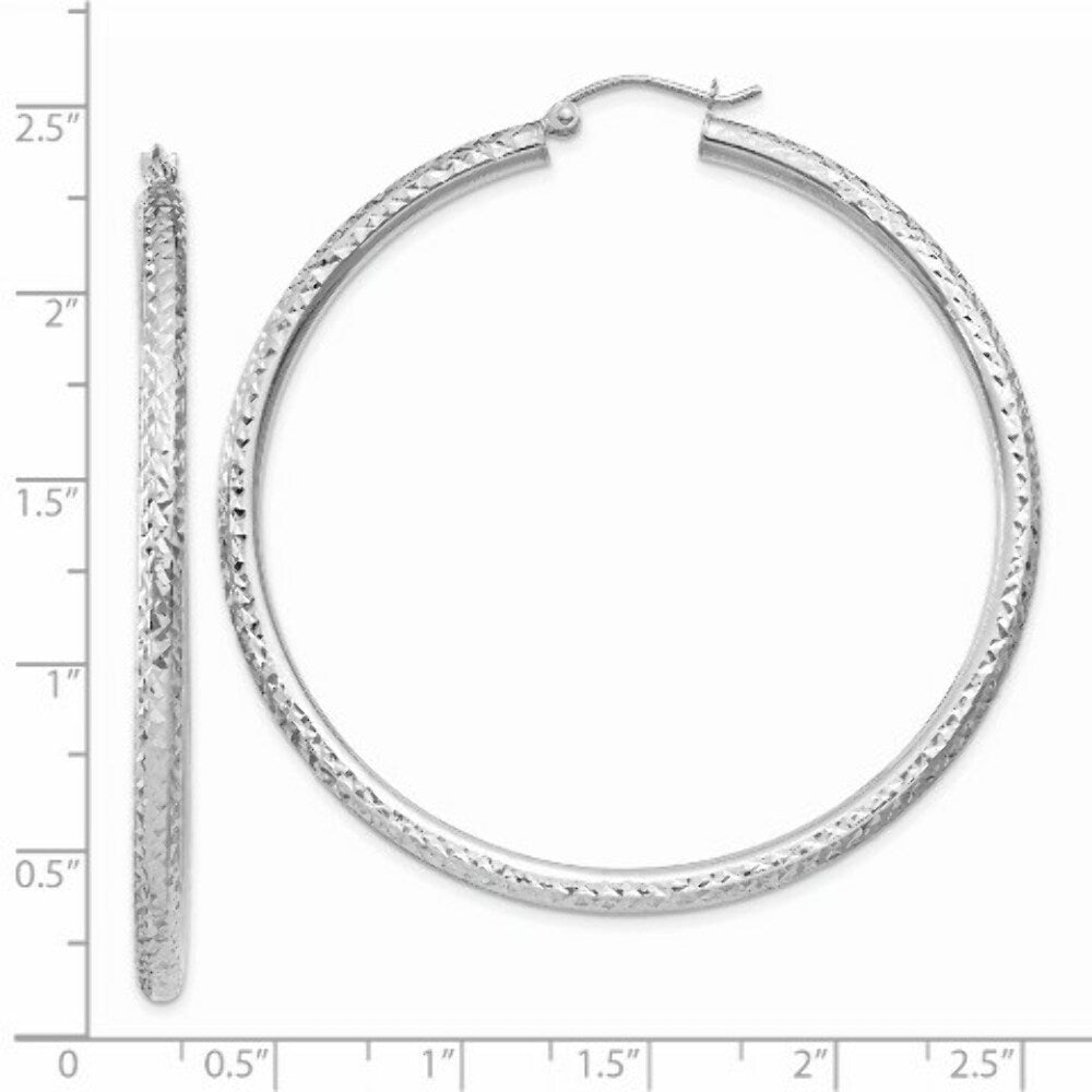 14K White Gold Diamond-cut 3mm Round Hoop Earrings 55mm length