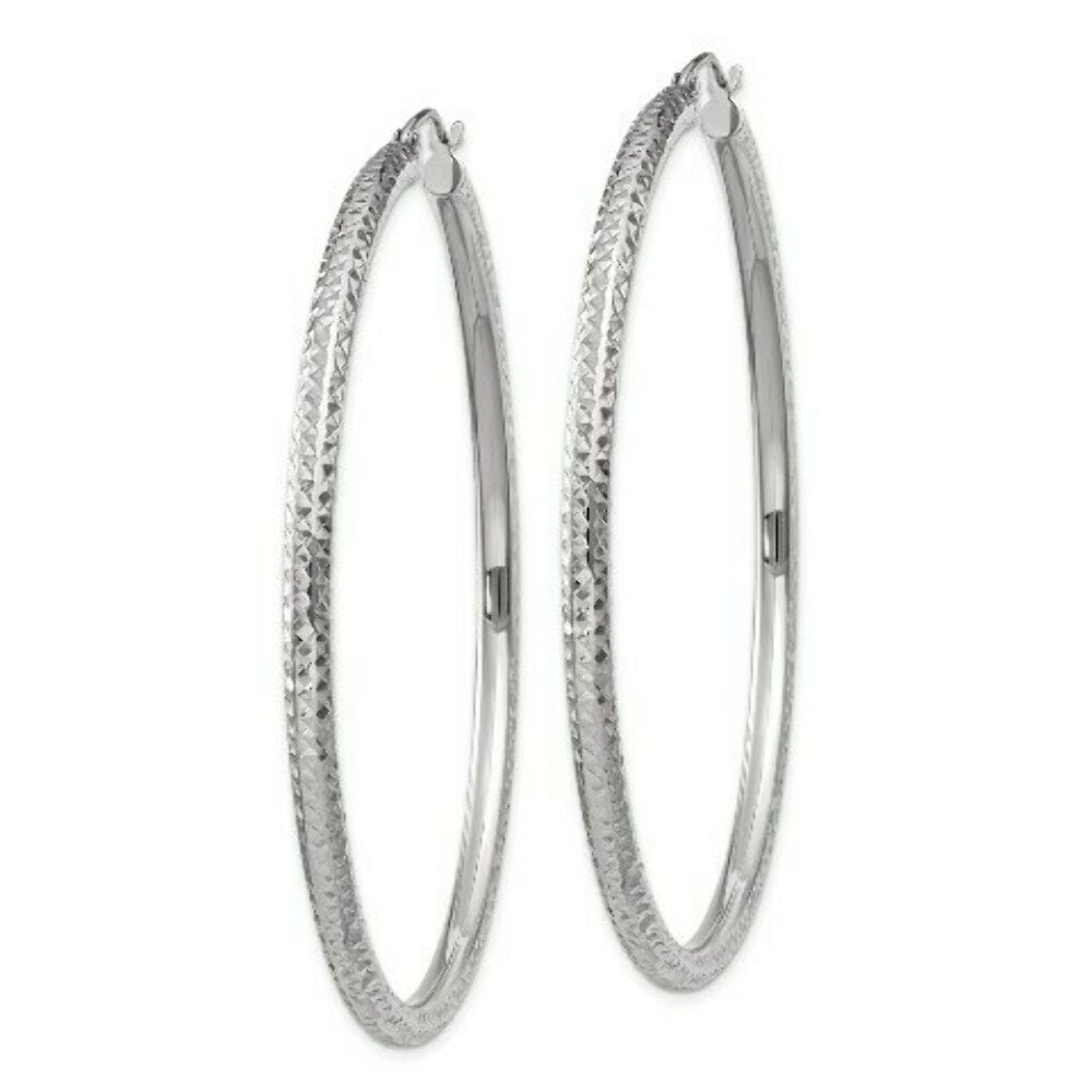 14K White Gold Diamond-cut 3mm Round Hoop Earrings 60mm length