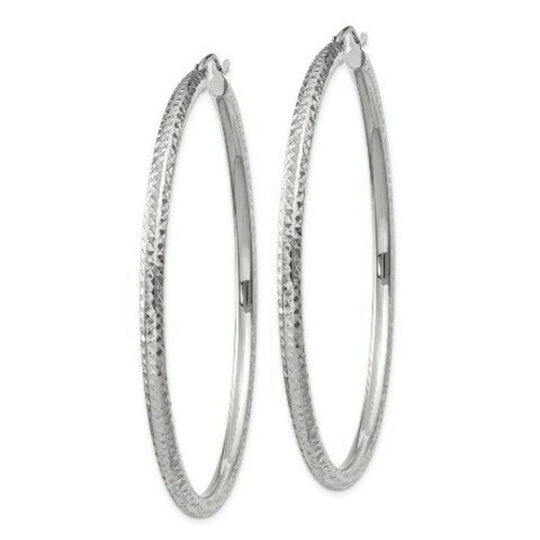 14K White Gold Diamond-cut 3mm Round Hoop Earrings 60mm length