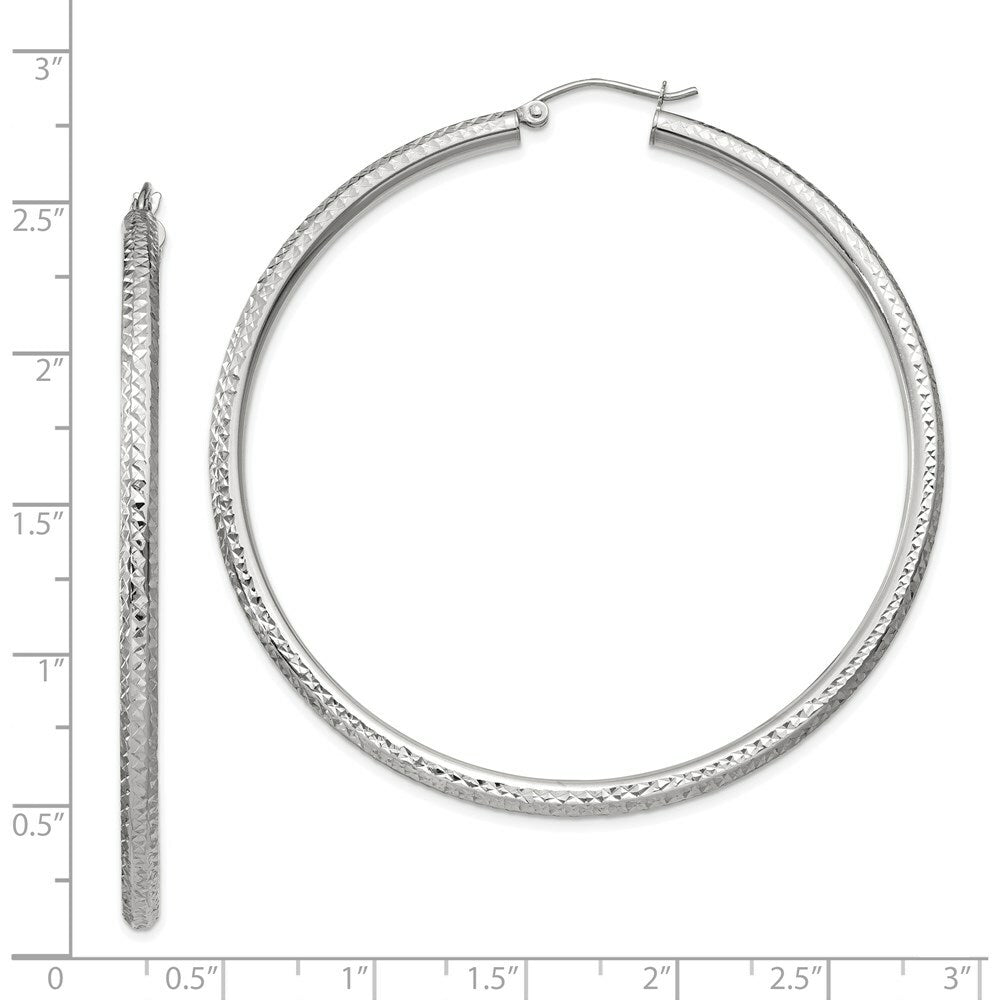 14K White Gold Diamond-cut 3mm Round Hoop Earrings 60mm length