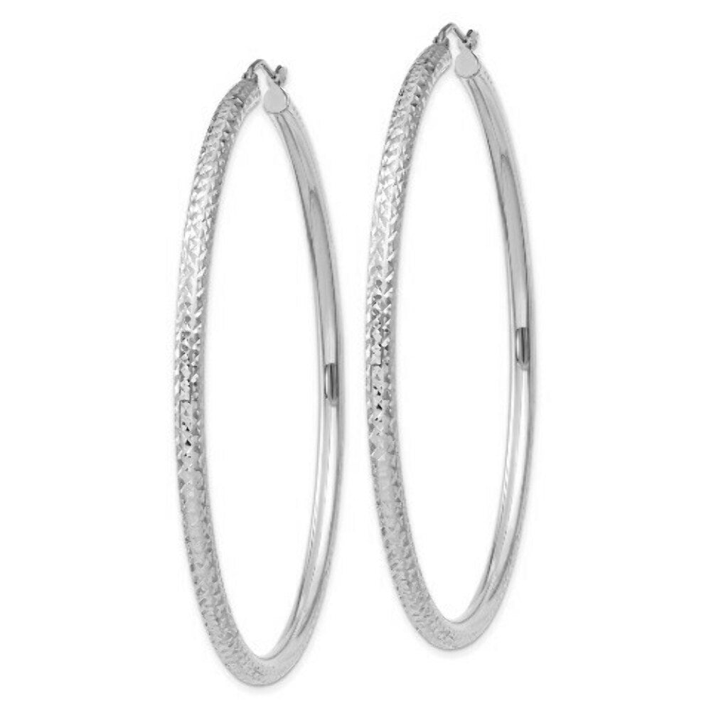 14K White Gold Diamond-cut 3mm Round Hoop Earrings 65mm length