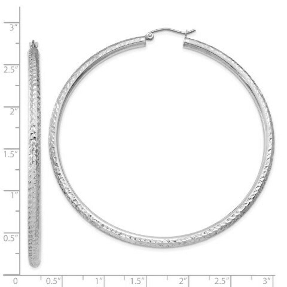 14K White Gold Diamond-cut 3mm Round Hoop Earrings 65mm length