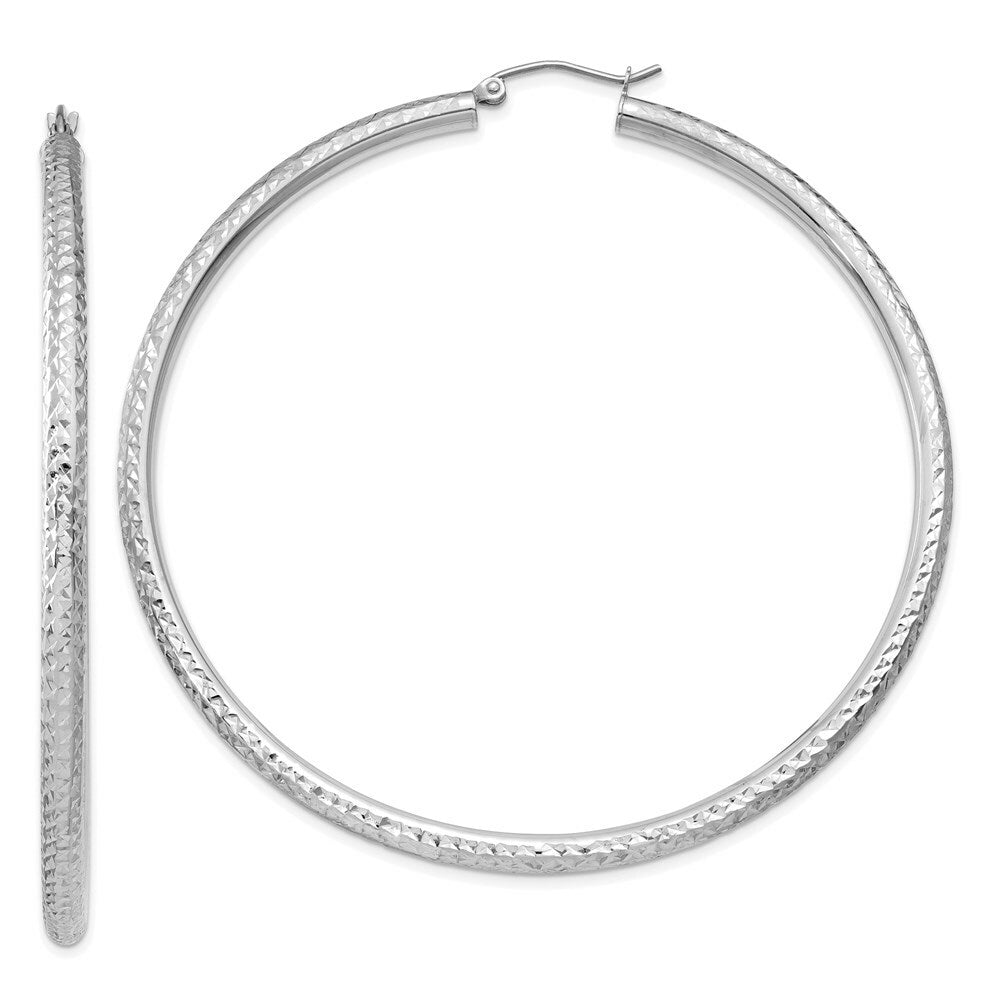 14K White Gold Diamond-cut 3mm Round Hoop Earrings 65mm length