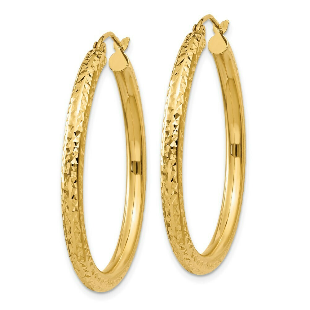 14K Yellow Gold Diamond-cut 3mm Round Hoop Earrings  35mm length