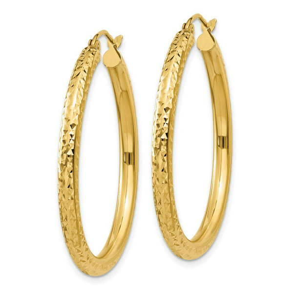14K Yellow Gold Diamond-cut 3mm Round Hoop Earrings  35mm length
