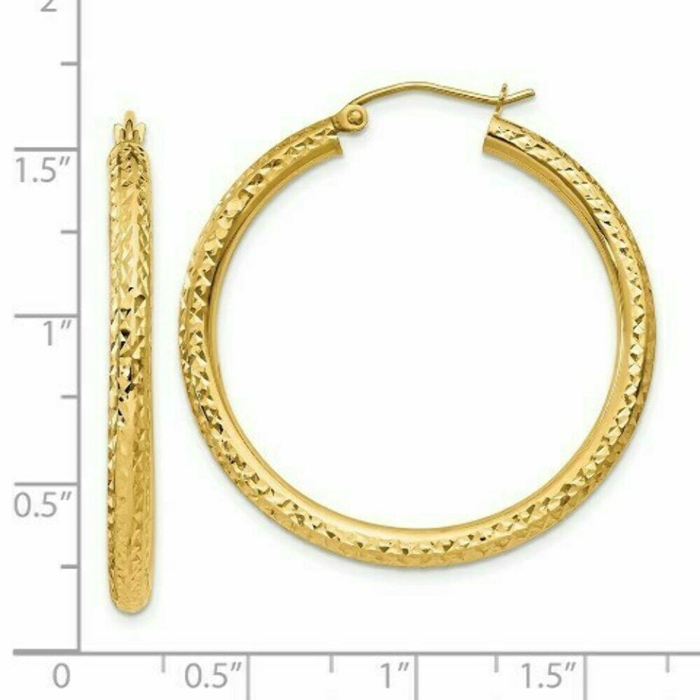 14K Yellow Gold Diamond-cut 3mm Round Hoop Earrings  35mm length