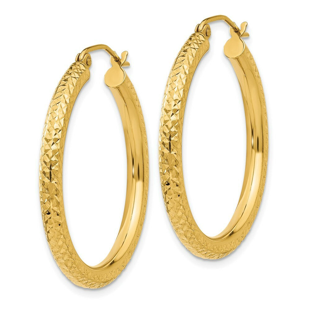 14K Yellow Gold Diamond-cut 3mm Round Hoop Earrings  30mm length