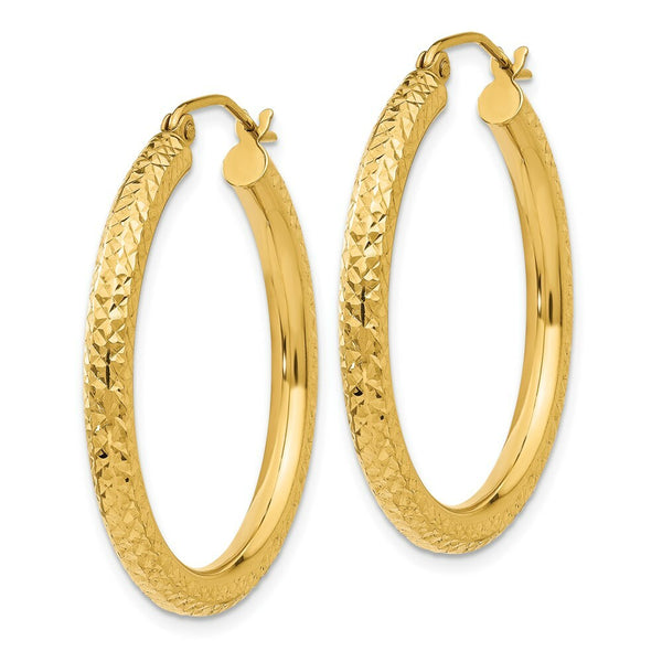 14K Yellow Gold Diamond-cut 3mm Round Hoop Earrings  30mm length