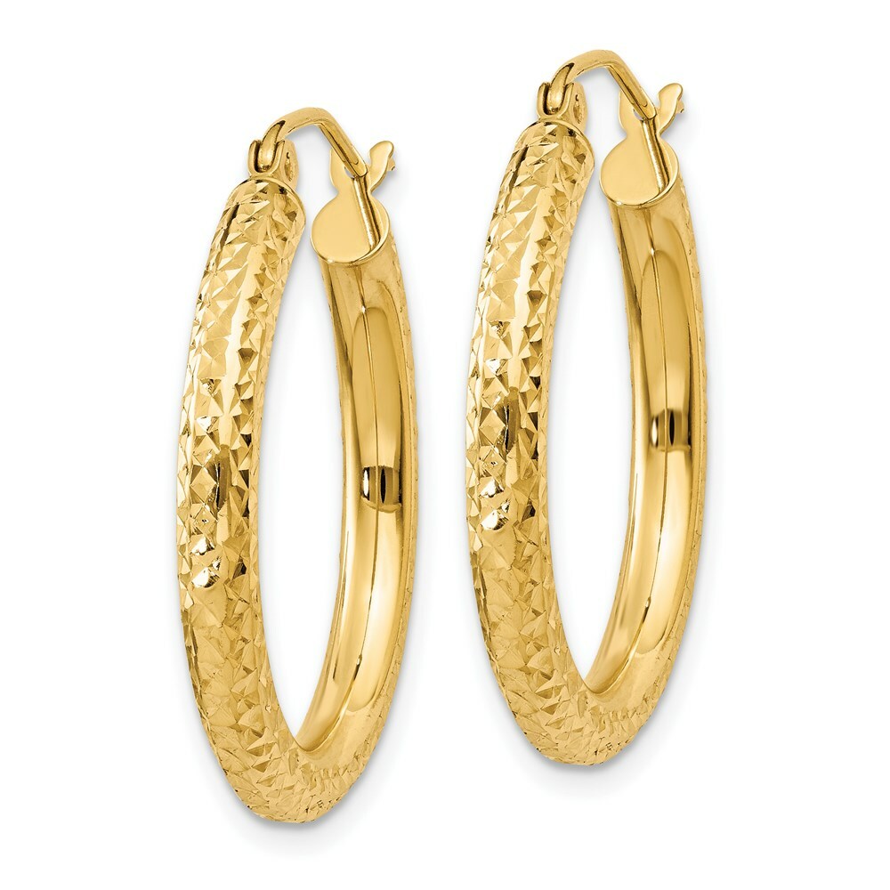 14K Yellow Gold Diamond-cut 3mm Round Hoop Earrings  25mm length