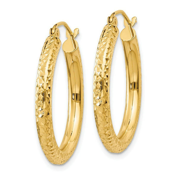 14K Yellow Gold Diamond-cut 3mm Round Hoop Earrings  25mm length