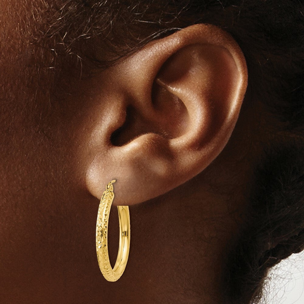14K Yellow Gold Diamond-cut 3mm Round Hoop Earrings  25mm length