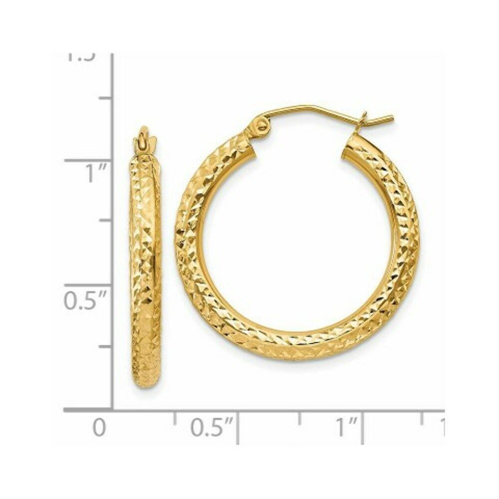 14K Yellow Gold Diamond-cut 3mm Round Hoop Earrings  25mm length