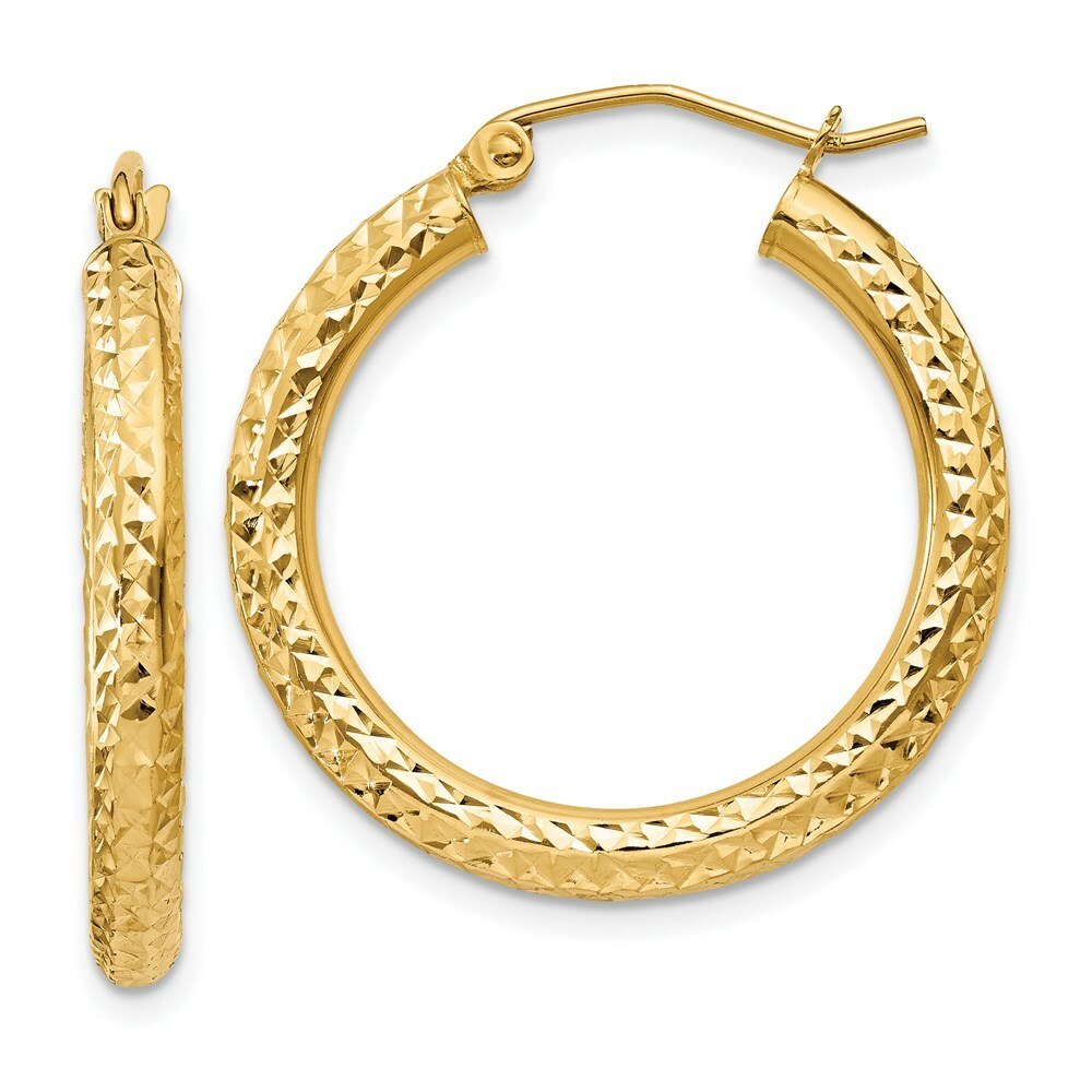 14K Yellow Gold Diamond-cut 3mm Round Hoop Earrings  25mm length