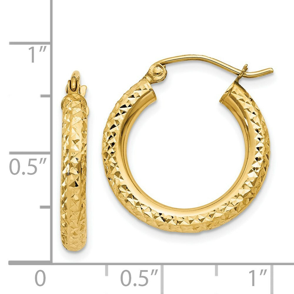 14K Yellow Gold Diamond-cut 3mm Round Hoop Earrings  20mm length