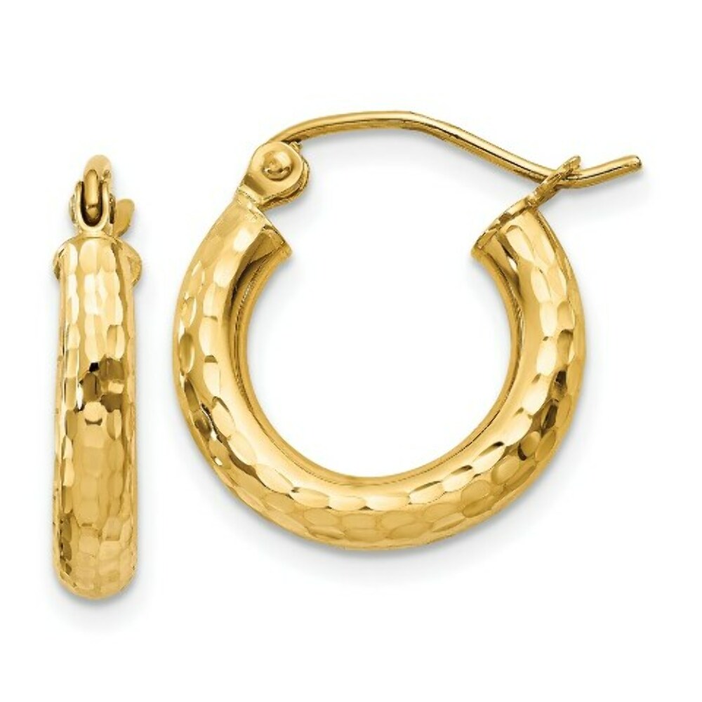 14K Yellow Gold Diamond-cut 3mm Round Hoop Earrings  16mm length
