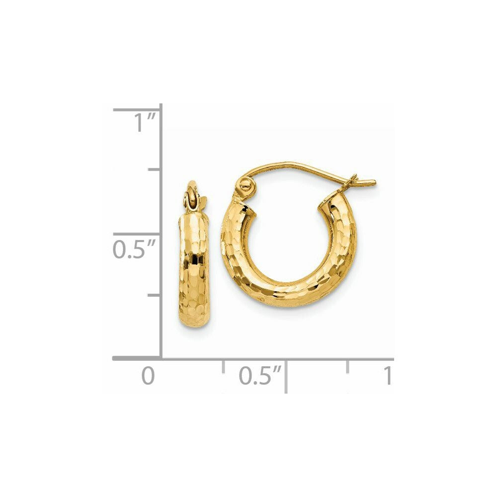 14K Yellow Gold Diamond-cut 3mm Round Hoop Earrings  14mm length