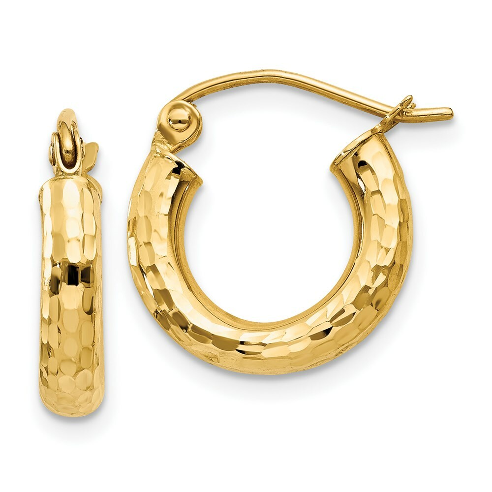 14K Yellow Gold Diamond-cut 3mm Round Hoop Earrings  14mm length