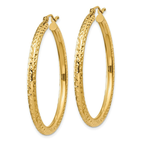 14K Yellow Gold Diamond-cut 3mm Round Hoop Earrings  40mm length