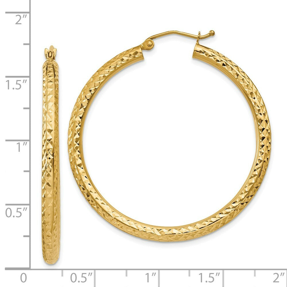 14K Yellow Gold Diamond-cut 3mm Round Hoop Earrings  40mm length