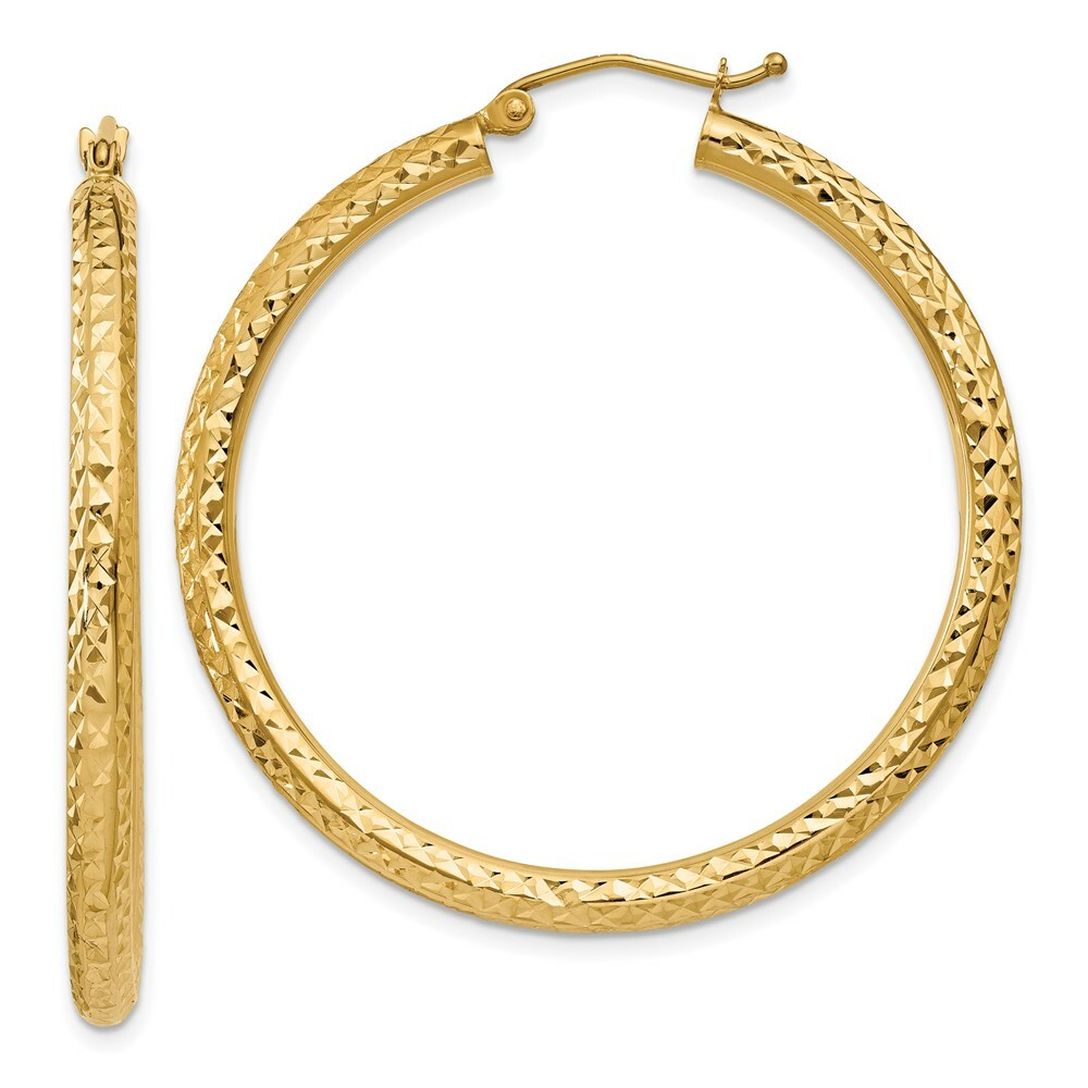 14K Yellow Gold Diamond-cut 3mm Round Hoop Earrings  40mm length