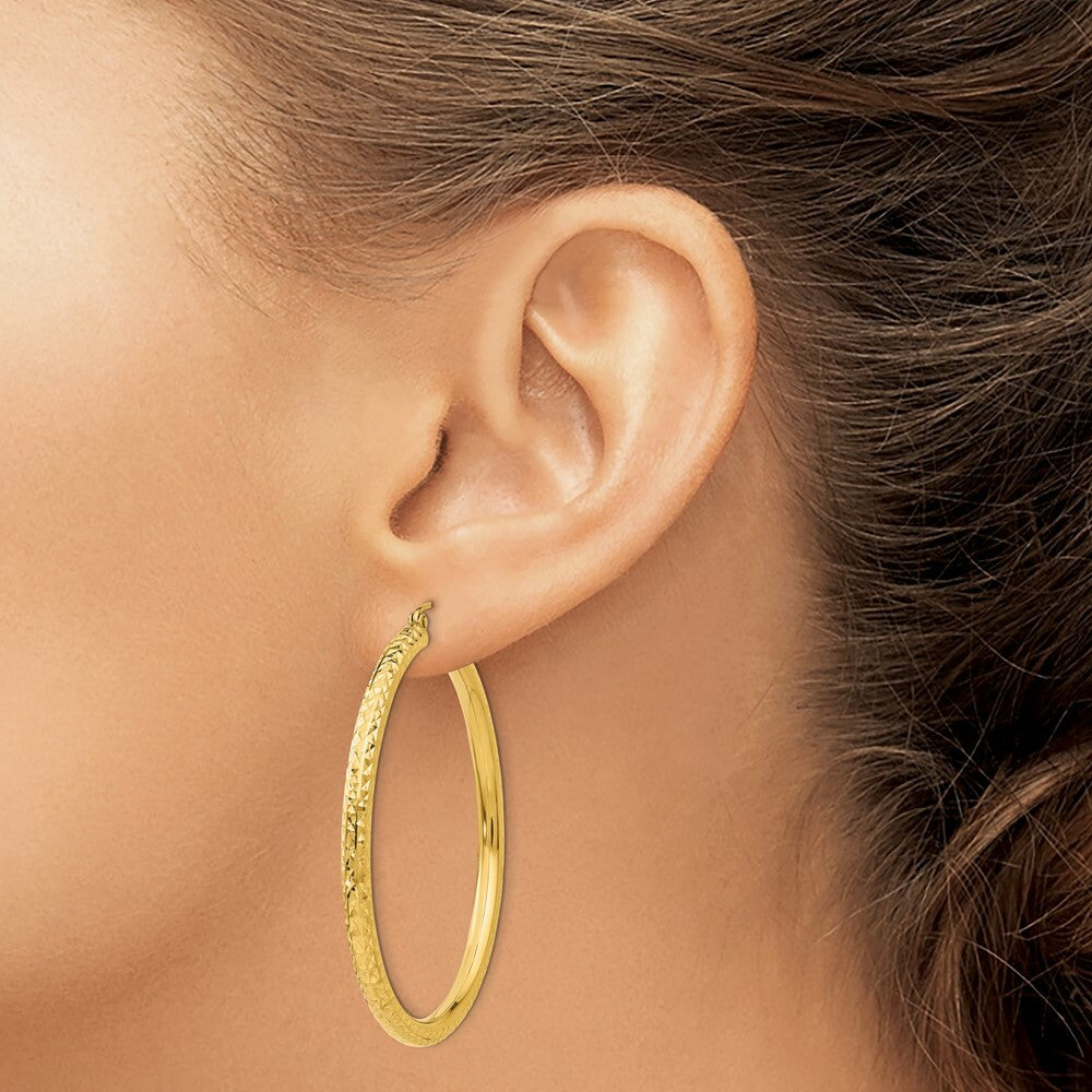 14K Yellow Gold Diamond-cut 3mm Round Hoop Earrings  45mm length