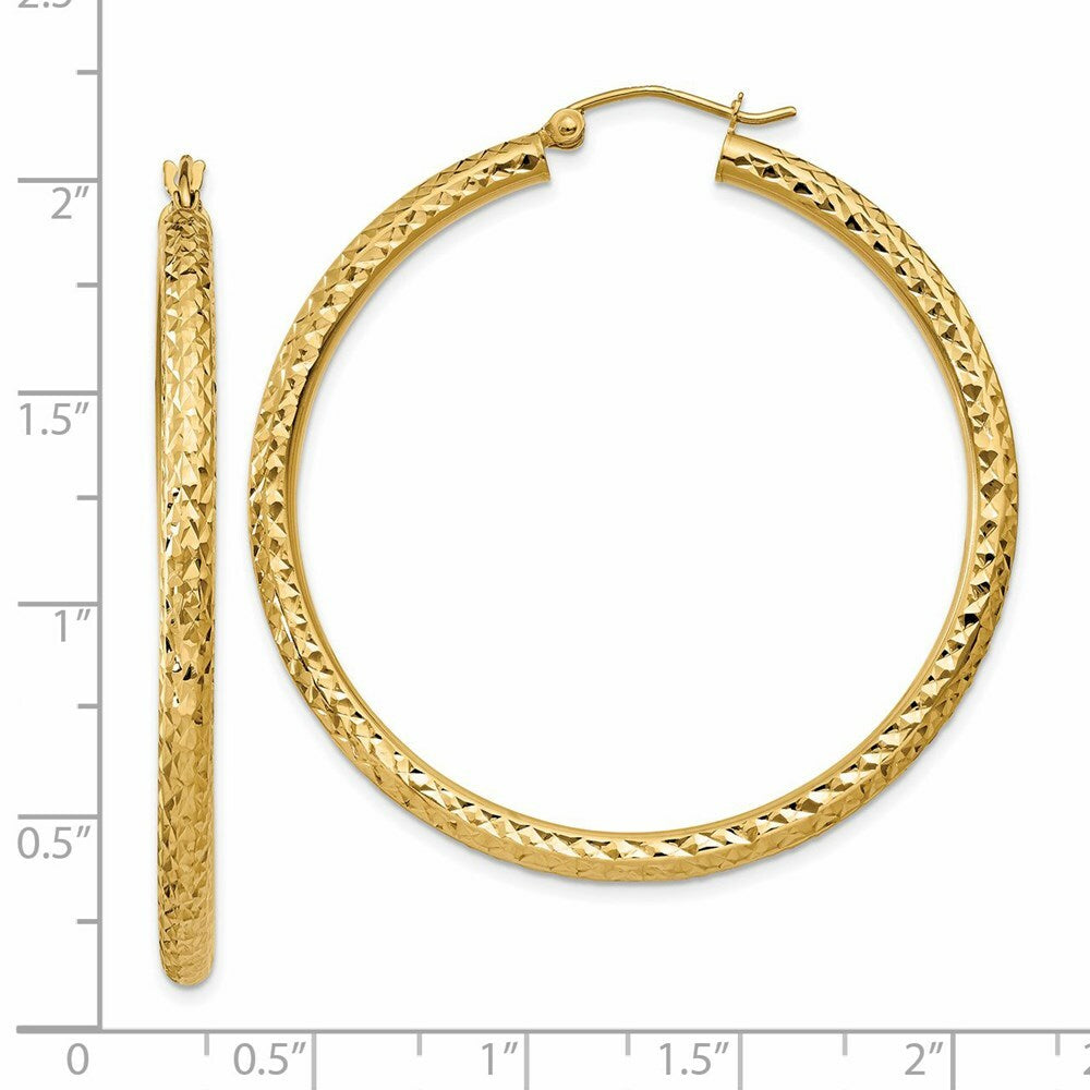14K Yellow Gold Diamond-cut 3mm Round Hoop Earrings  45mm length