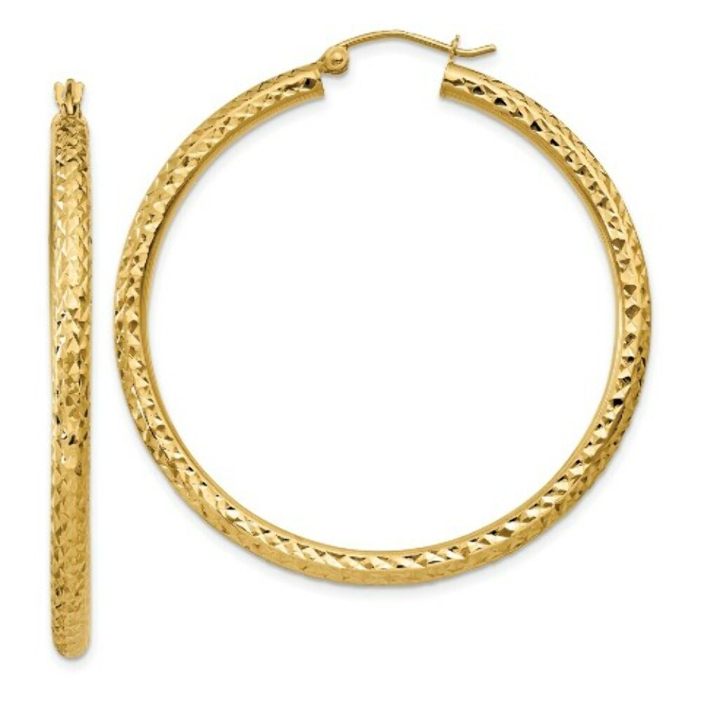 14K Yellow Gold Diamond-cut 3mm Round Hoop Earrings  45mm length