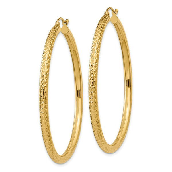 14K Yellow Gold Diamond-cut 3mm Round Hoop Earrings  50mm length