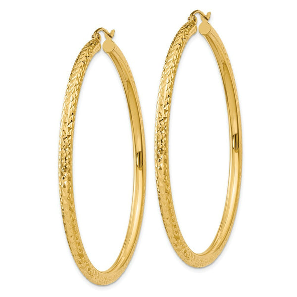 14K Yellow Gold Diamond-cut 3mm Round Hoop Earrings  55mm length
