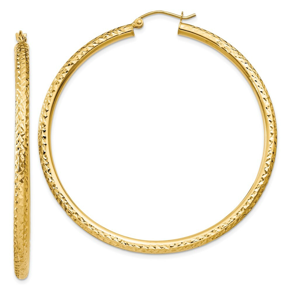 14K Yellow Gold Diamond-cut 3mm Round Hoop Earrings  55mm length