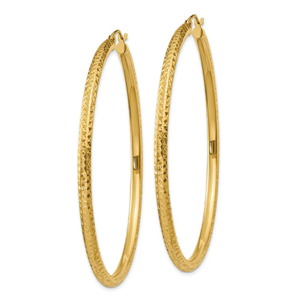 14K Yellow Gold Diamond-cut 3mm Round Hoop Earrings  60mm length
