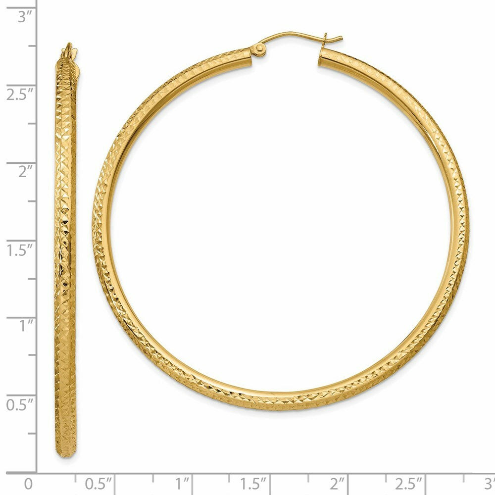 14K Yellow Gold Diamond-cut 3mm Round Hoop Earrings  60mm length