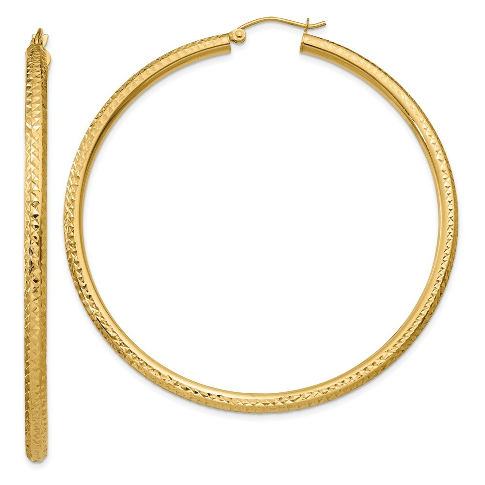 14K Yellow Gold Diamond-cut 3mm Round Hoop Earrings  60mm length