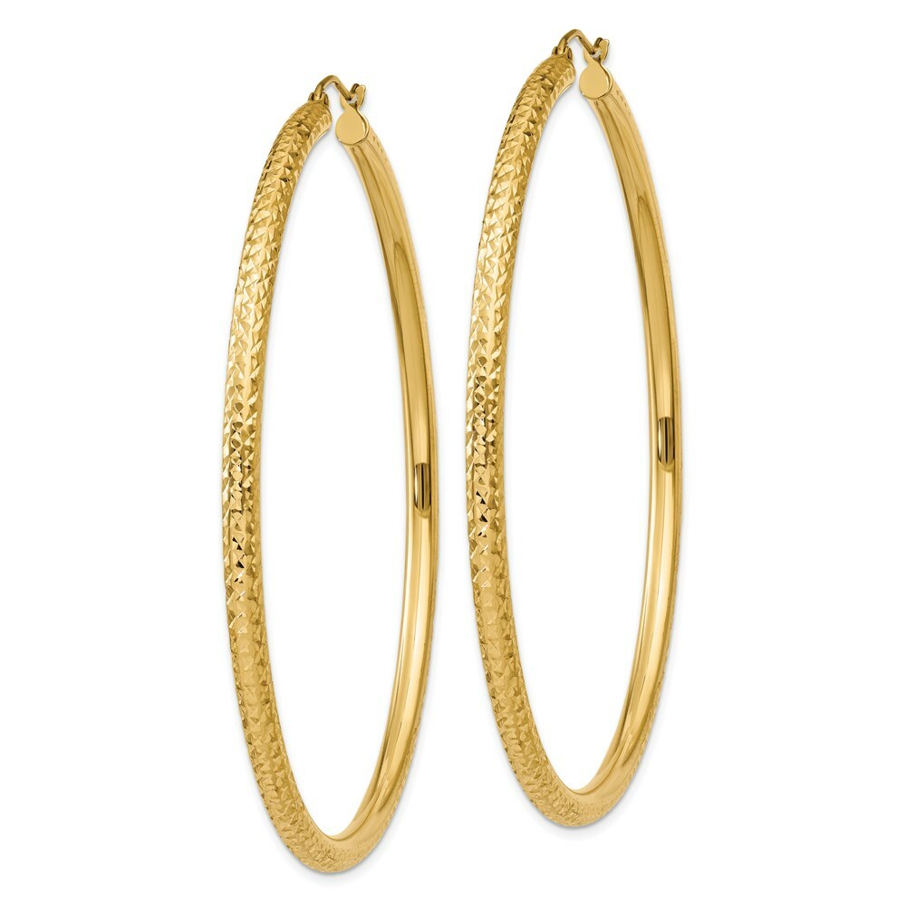 14K Yellow Gold Diamond-cut 3mm Round Hoop Earrings  65mm length