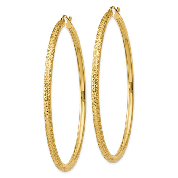 14K Yellow Gold Diamond-cut 3mm Round Hoop Earrings  65mm length