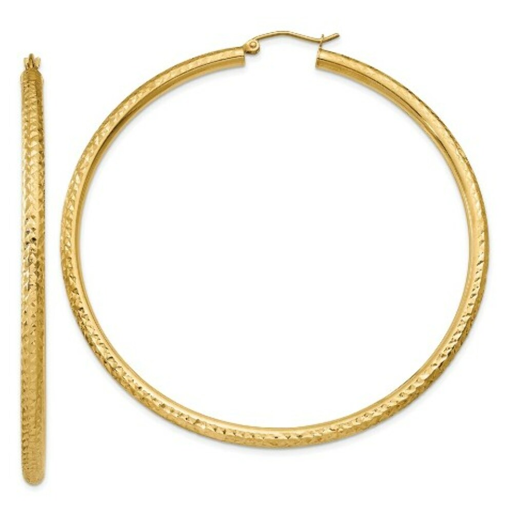 14K Yellow Gold Diamond-cut 3mm Round Hoop Earrings  65mm length