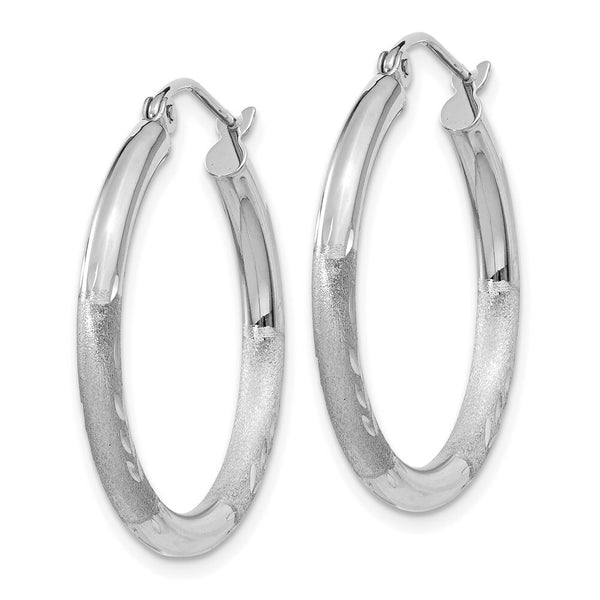 14K White Gold Satin & Diamond-cut 3mm Round Hoop Earrings 20mm length