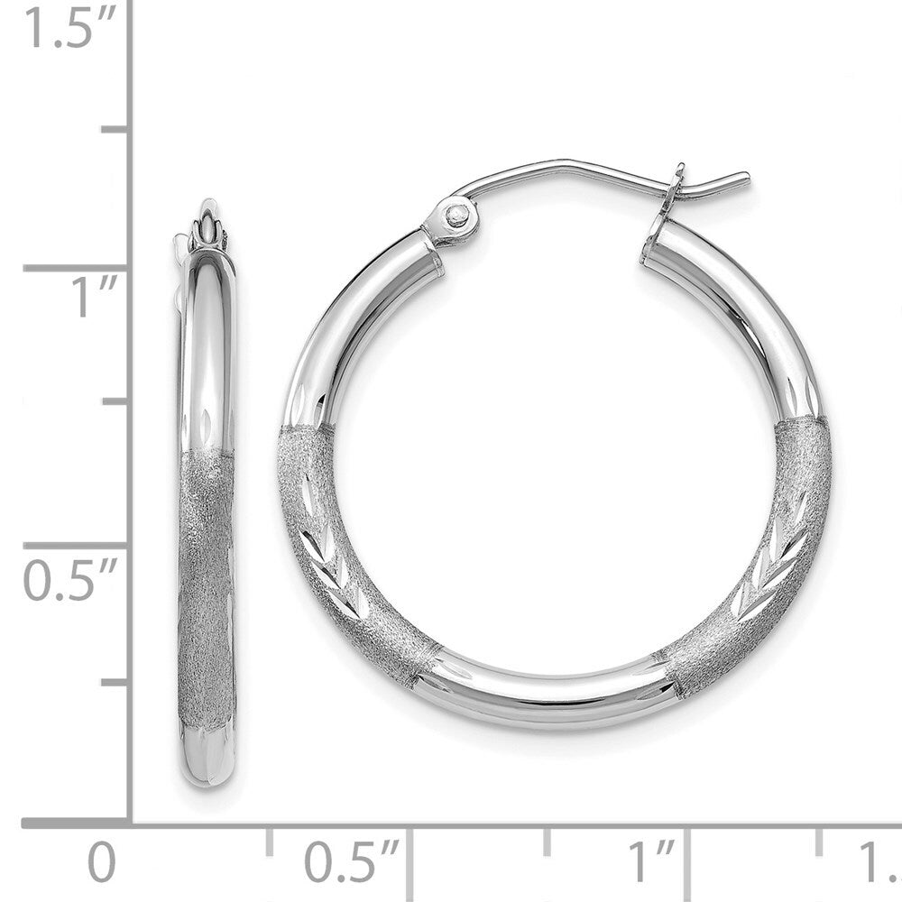 14K White Gold Satin & Diamond-cut 3mm Round Hoop Earrings 20mm length