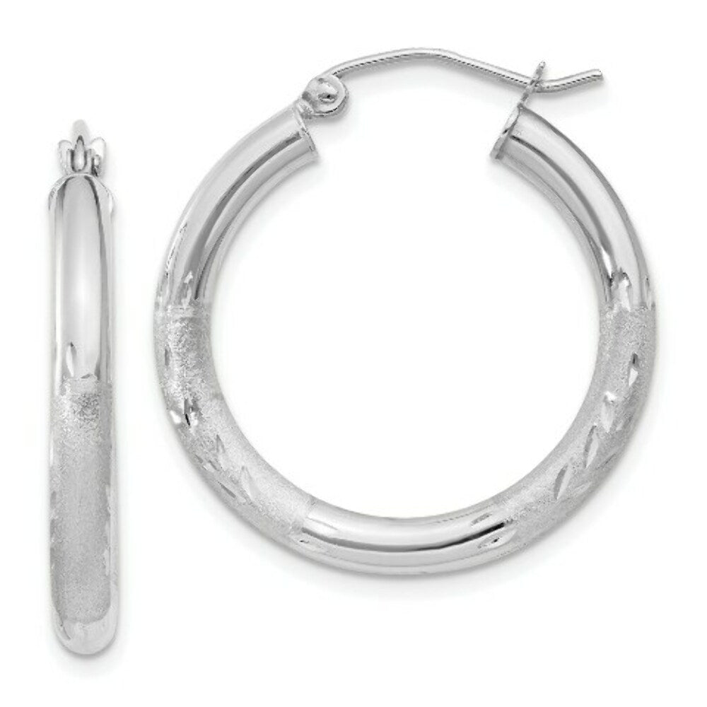14K White Gold Satin & Diamond-cut 3mm Round Hoop Earrings 20mm length