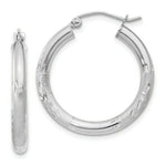 Load image into Gallery viewer, 14K White Gold Satin &amp; Diamond-cut 3mm Round Hoop Earrings 20mm length
