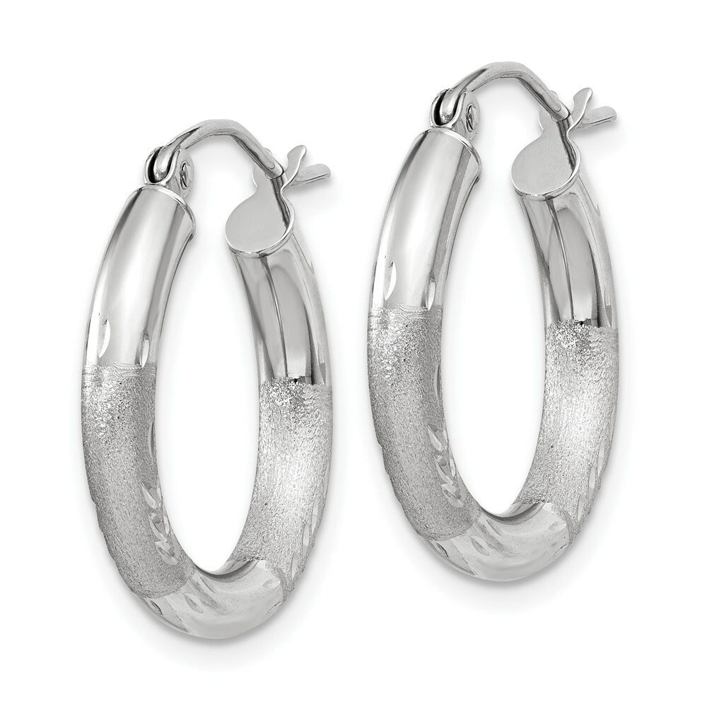 14K White Gold Satin & Diamond-cut 3mm Round Hoop Earrings 15mm length
