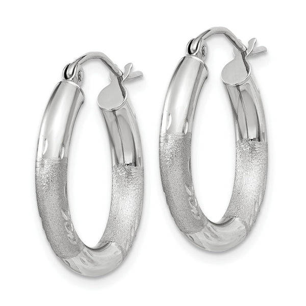 14K White Gold Satin & Diamond-cut 3mm Round Hoop Earrings 15mm length