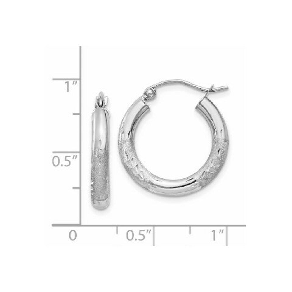 14K White Gold Satin & Diamond-cut 3mm Round Hoop Earrings 15mm length