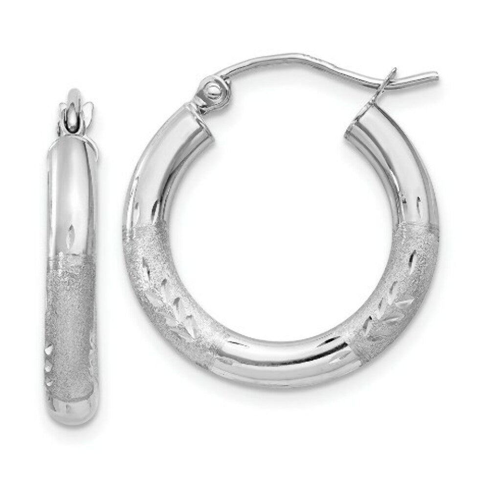 14K White Gold Satin & Diamond-cut 3mm Round Hoop Earrings 15mm length