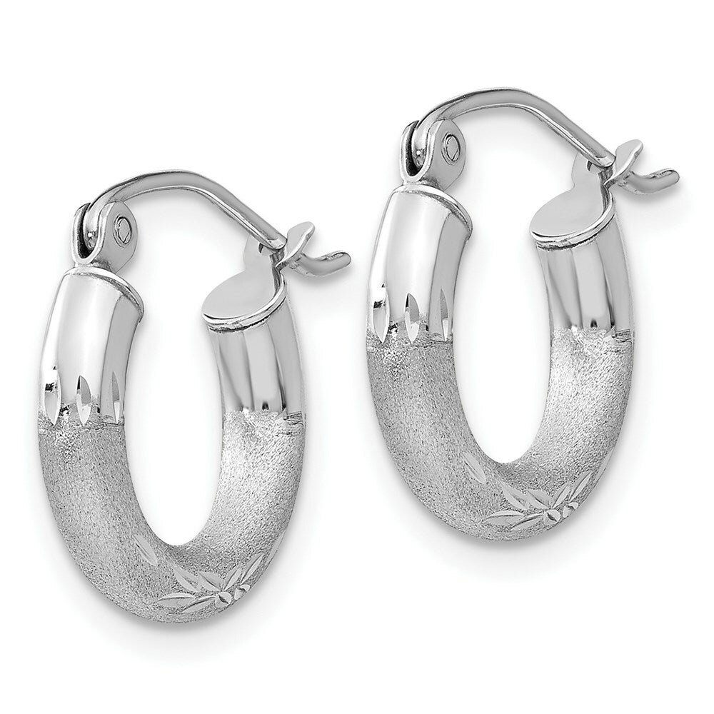 14K White Gold Satin & Diamond-cut 3mm Round Hoop Earrings 10mm length