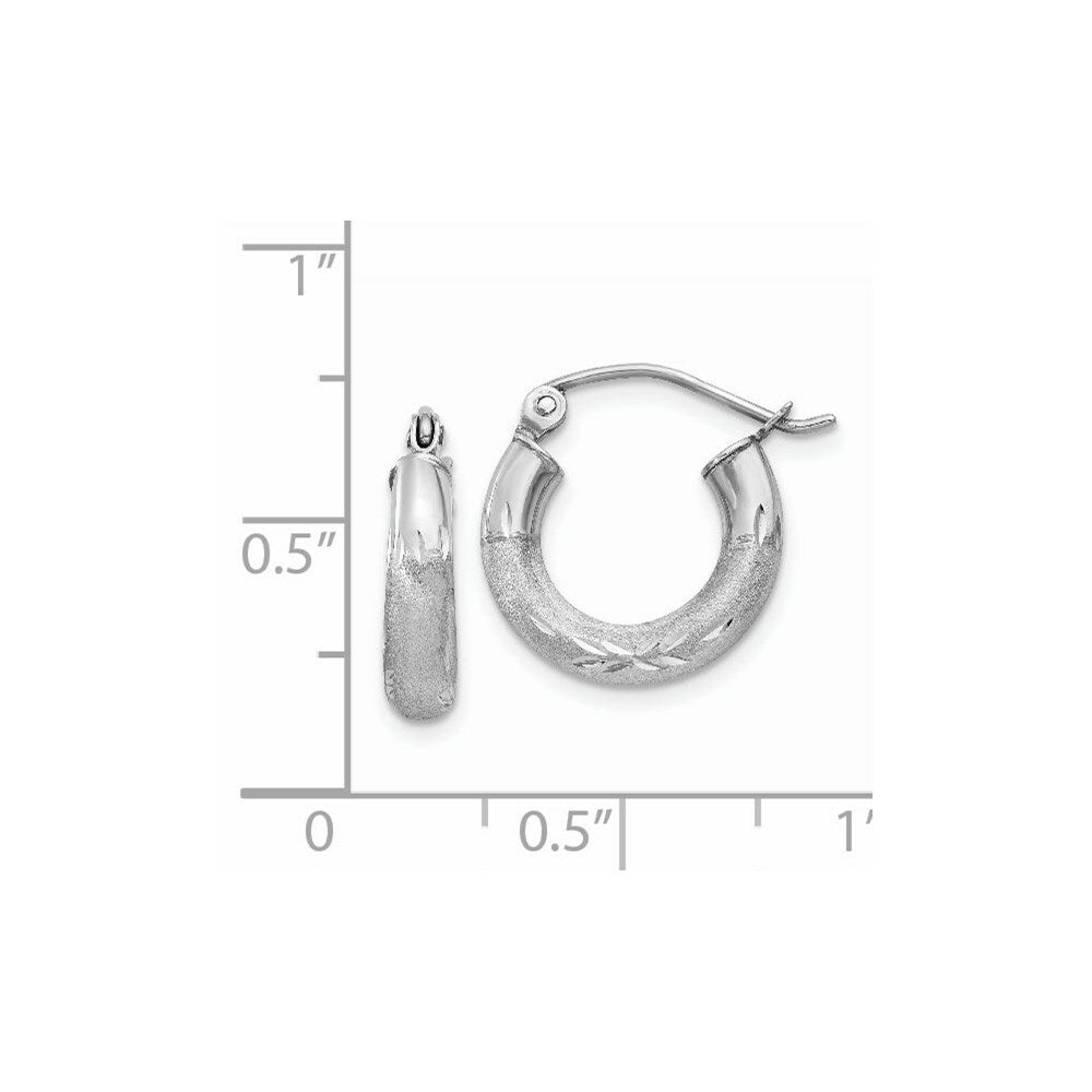 14K White Gold Satin & Diamond-cut 3mm Round Hoop Earrings 10mm length