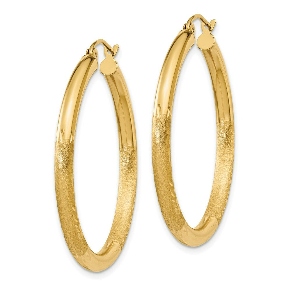 14K Yellow Gold Satin & Diamond-cut 3mm Round Hoop Earrings 35mm length