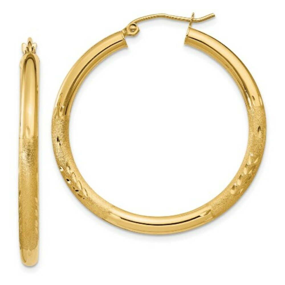 14K Yellow Gold Satin & Diamond-cut 3mm Round Hoop Earrings 35mm length